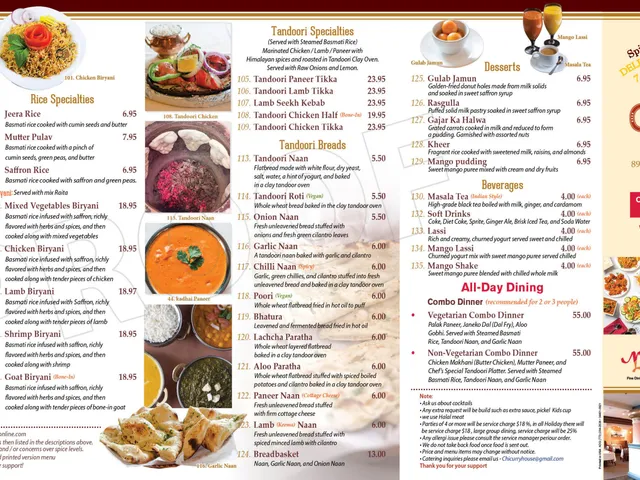 Chicago Curry House carryout menu page listing lamb, seafood, rice, tandoori, bread, dessert, beverage, and all-day dining sections