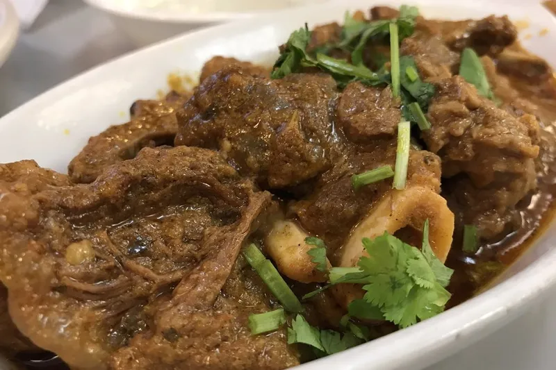 Goat karahi garnished with cilantro in a white dish at Shan Restaurant.